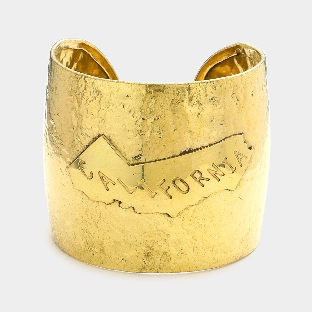 California State Map Hammered Wide Metal Cuff Bracelet Bold Statement Jewelry